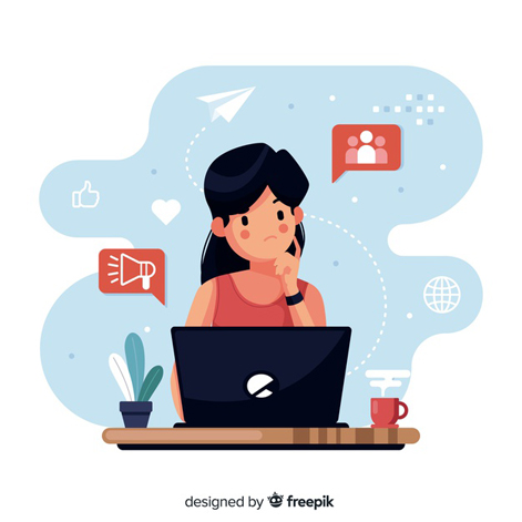 Mulher com dúvidas atrás de um notebook.